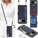 Cavor Compatible with Google Pixel 8 Case Wallet, Pixel 8 Crossbody Phone Case with Strap, Wallet Cover for Women,Leather Zipper Pocket Card Holder-Blue