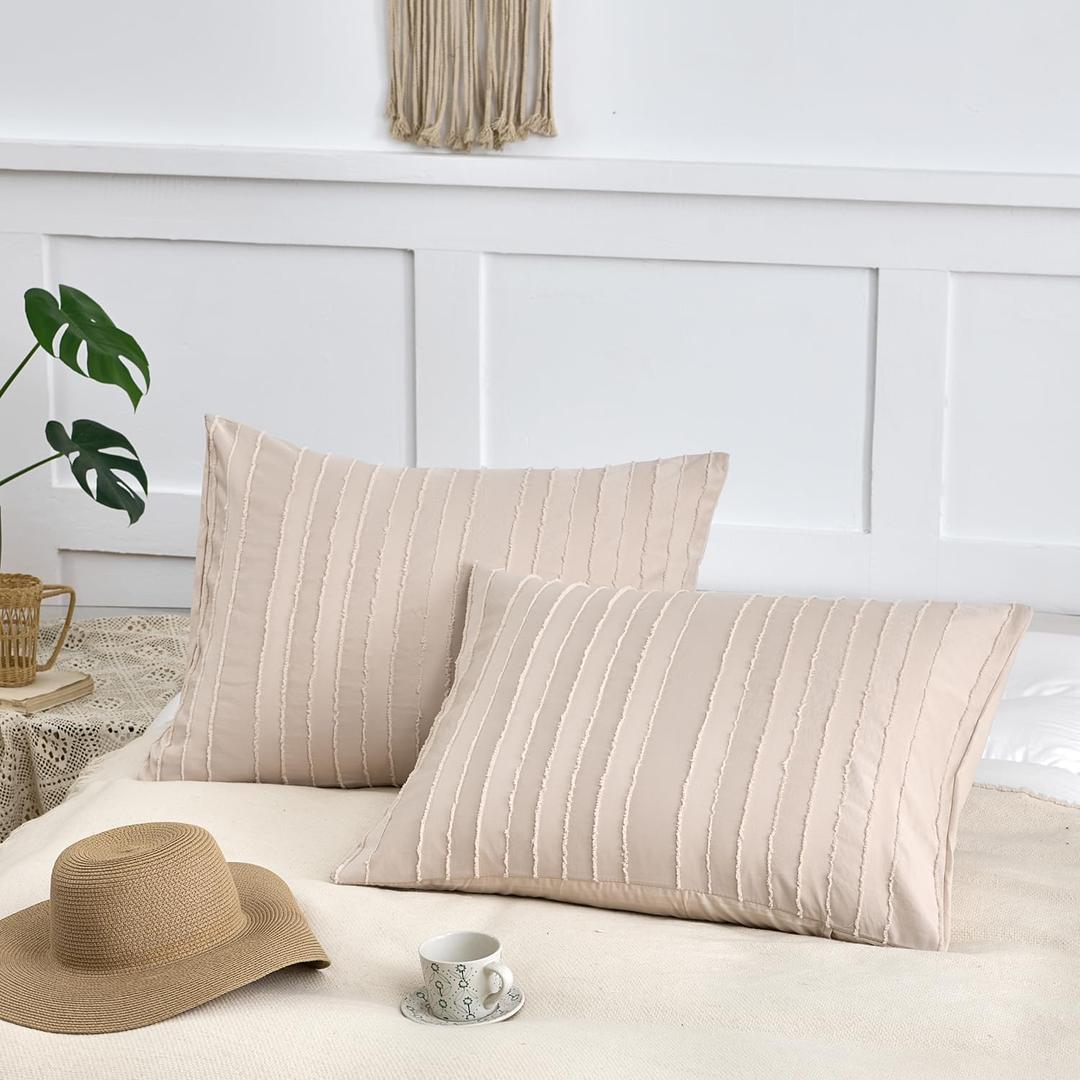 Standard Pillow Shams 2 Pack, Standard Size Pillowcases, Soft Microfiber Geometric Striped Boho Pillow Covers with Envelope Closure, Cream, 20x26 Inches (No Insert)