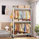 Sakugi Clothes Rack - Double Hanging Rod Clothing Rack with Wheels & Leveling Feet, Large Capacity Wardrobe Closet with Shelves for Bedroom, Laundry Room, Entryway, 45.2" x 12.6" x 80.7", White