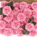 MACTING Artificial Flowers 30PCS Pink Fake Flowers with Stem Real Touch Soft Foam Roses Wedding Bouquet Table Centerpieces Party Bridal Shower Birthday Home Summer Decorations