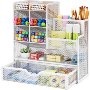 Marbrasse Mesh Pen Holder for Desk, Multi-Functional Pencil Organizer with Drawer, Desk Organizers and Accessories for Office Art Supplies (White)
