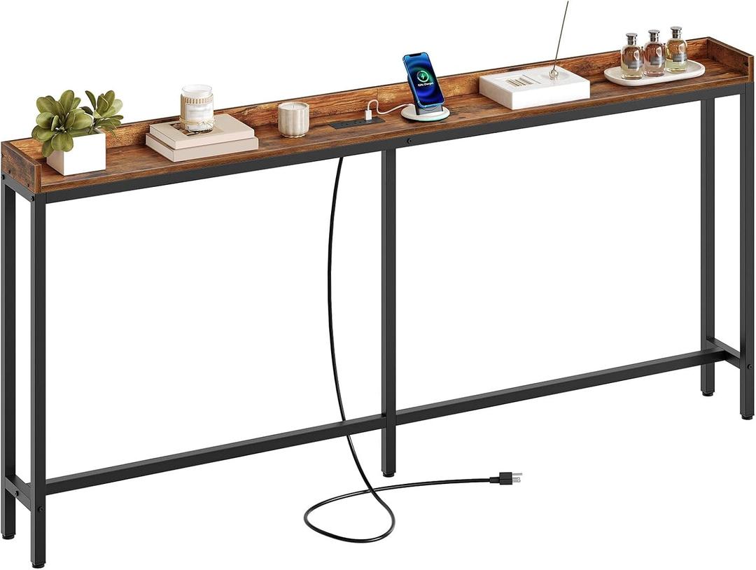 Narrow Console Table with Outlet, 70.9'' Entryway Table Behind Sofa, Long Sofa Table with Charging Station, Behind Couch Table for Entryway, Foyer, Hallway, Rustic Brown and Black CT06UBR