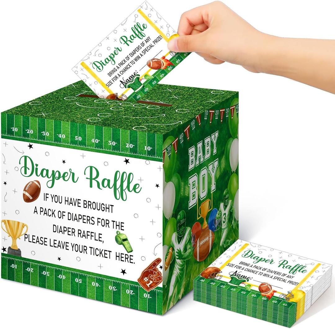Teling 51 Pieces Diaper Raffle Tickets with Card Baby Shower Decorations Gender Reveal Holder Box for Girl Boy Diaper Raffle Party (Football Touch Down It's A Boy)