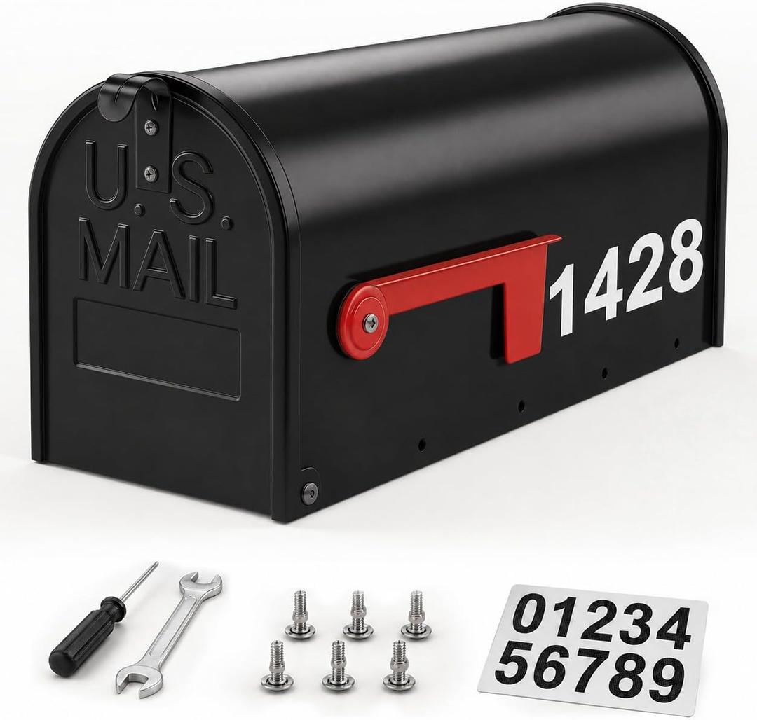 Mailbox for Outside,Black Metal Mail Box,Post Mount Outdoor Mailboxes | Mailbox for House Outside With Tools,Screws,Number Stickers,Red Flag,Medium Capacity,Galvanized Steel,Waterproof,20x 8.7x6.7