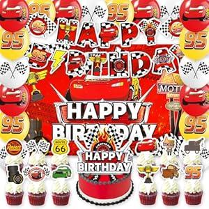 Race Car Birthday Party Decorations 42Pcs Movie Car Baby Shower Banner, Backdrop, Cake Toppers, Balloon Supplies Cartoon Cars Themed Birthday Party Decorations