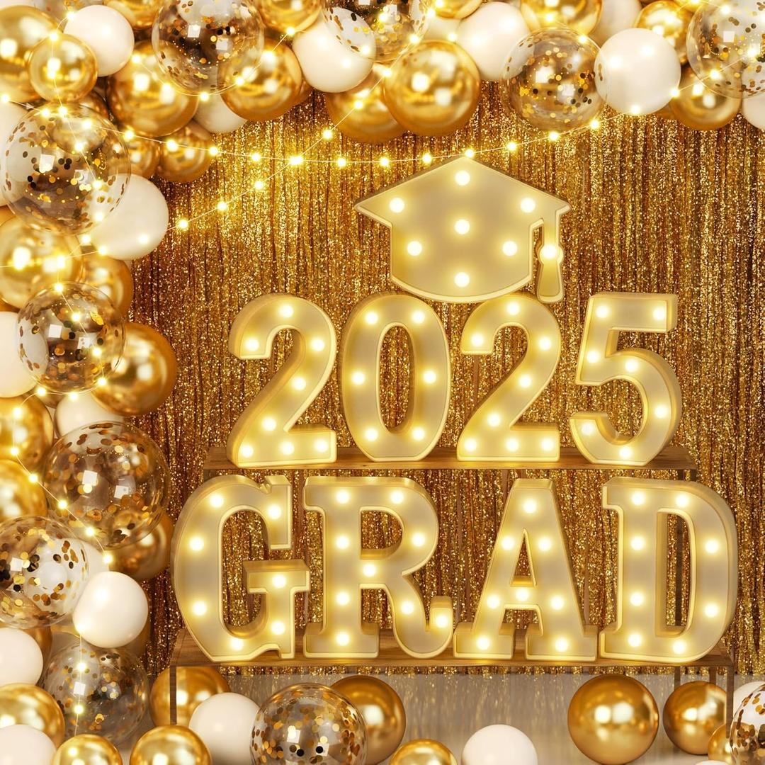 2025 Graduation Decorations, 79 PCS Graduation Party Supplies with 9 LED Marquee Light Up Letter Sign GRAD 2025 & Cap, Balloon Garland Kit for Outdoor Indoor Room Wall Table Grad Decor - White Gold