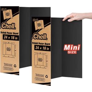 Chell Mini Size Trifold Poster Board, 16" x 24", Small Corrugated Project Boards, Black, 2 Pack