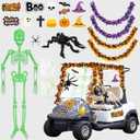Halloween Golf Cart Decoration Kit-Halloween Car Decorations-Skeleton Glow in Dark, Fake Spider Web, Spider, Purple Garland, Sticker for Trunk or Treat Parade Indoor Outdoor Golf Cart Party