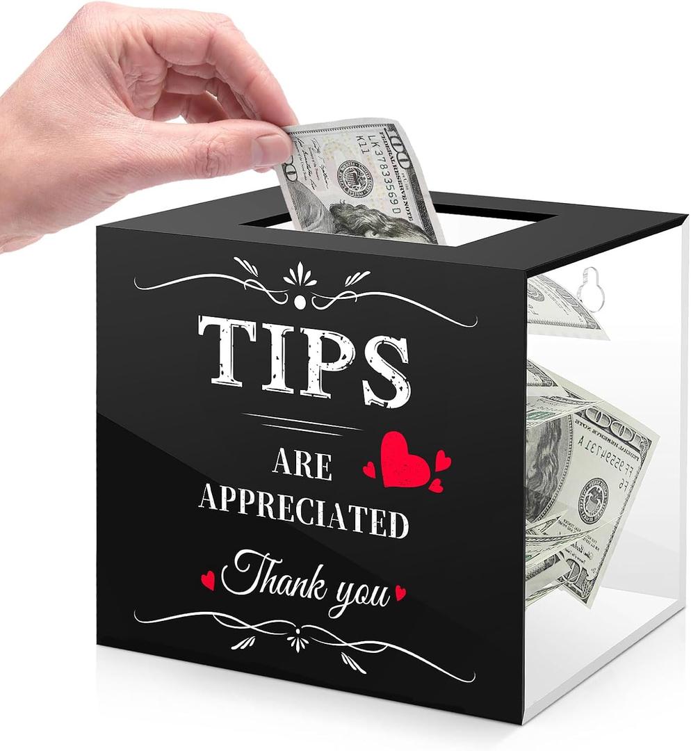 MoKo Tips Jar for Money, 6 4 5 Inch Acrylic Tip Box, Wall-Mounted Raffle Cash Donation Suggestion Box, Money Storage Container for Bartender Bars Restaurants Musicians Bartender, Black&Clear