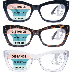 3 Pack Progressive Reading Glasses for Women Men Stylish Blue Light Blocking Computer Multifocal Readers (Black& Hawksbill Turtle &Clear)