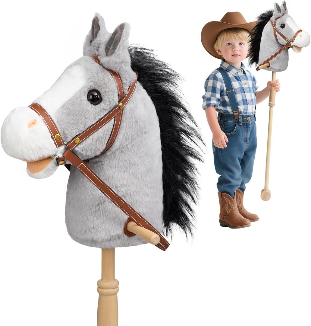 HollyHOME Stick Horse Plush Handcrafted Hobby Horse on a Stick with Wood Wheels Real Pony Neighing and Galloping Sounds for Kids Toddlers Grey 36 Inches(AA Batteries Required)