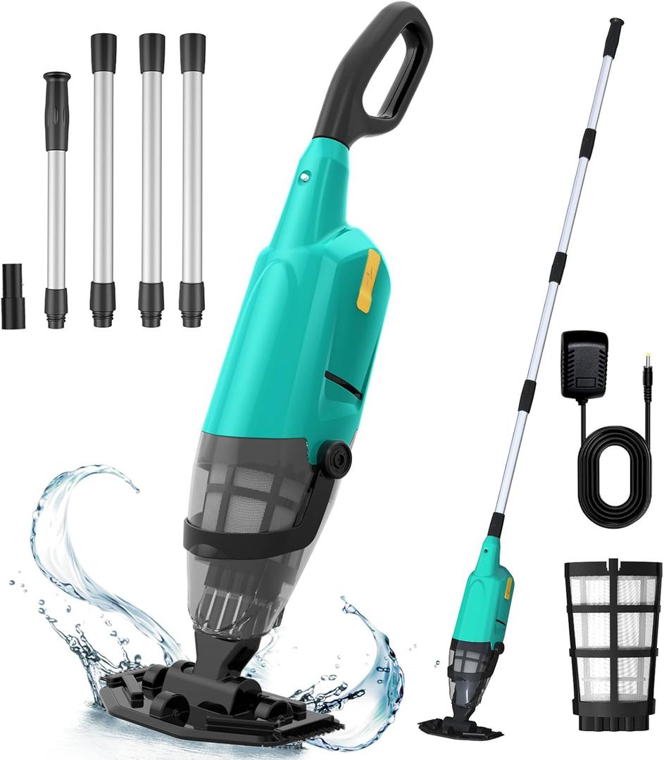 Pool Vacuum for Above Ground Pools, Rechargeable Portable Handheld Pool Vacuums with Brush Head, Aluminum Pole, 18 Gal/Min, Spa Vacuum for Hot Tub, Cordless Pool Vacuum for Inground Pools (Green)