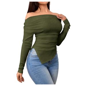 SOLY HUX Women's Off The Shoulder T Shirt Long Sleeve Asymmetrical Ruched Fitted Tee Going Out Tops Pure Army Green Large (Green, L)