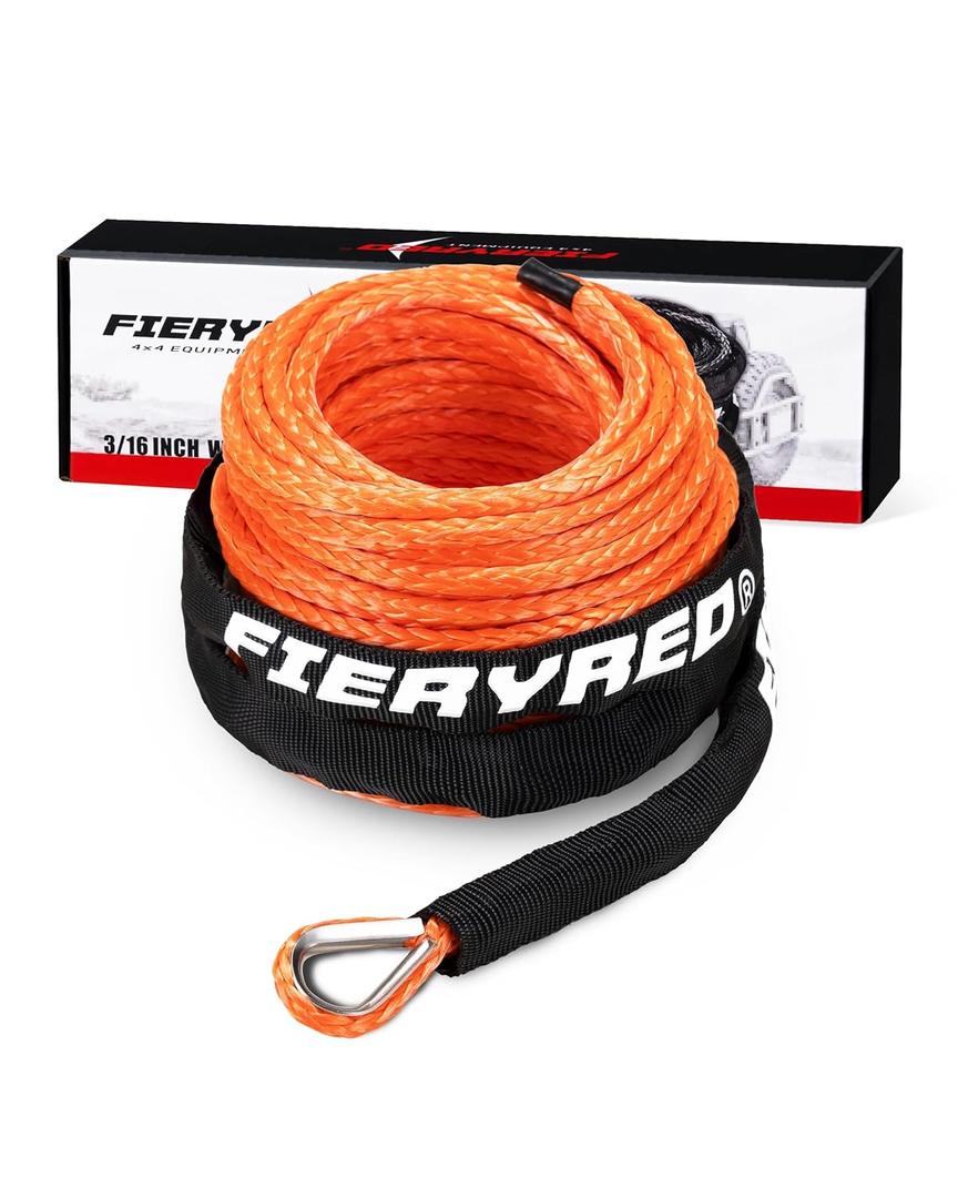 FieryRed 3/16” Winch Rope Cable,50 FT 8500 LBS ATV/UTV Synthetic Winch Rope, Winch Line Replacement with Protective Sleeve Suits for 2000 to 3500 LBS Winch, Orange/Black/Grey 