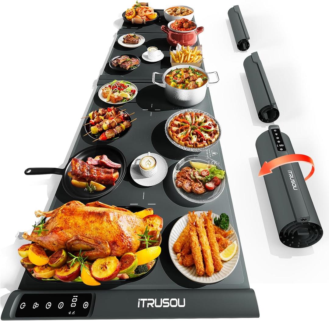 Expandable Food Warming Mat  iTRUSOU 54"x16" Warming Mat for Food with 7 Temp Settings, Switchable/, 99H Timer, Child Lock, Custom Sizes Food Warmer Chafing Dishes for Buffet Parties (Dark gray - ABC)