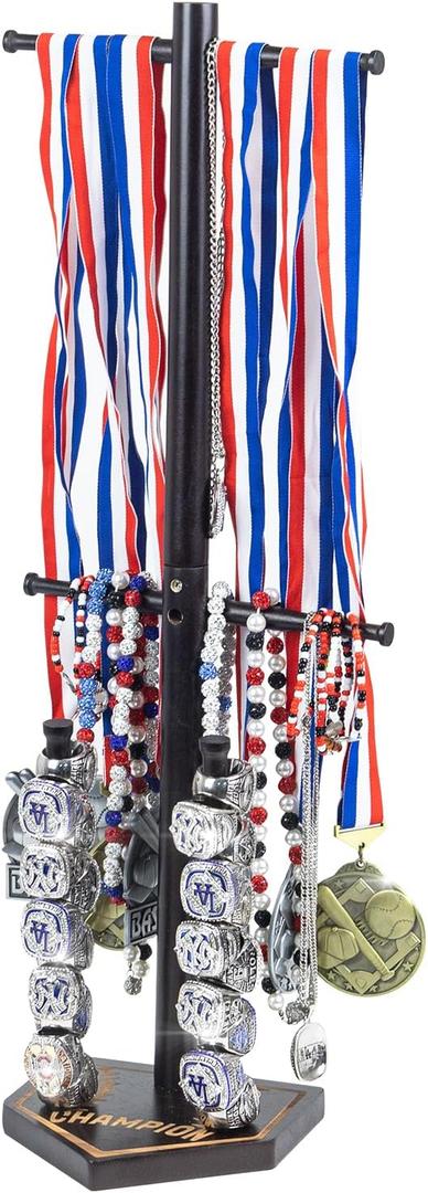 Baseball Ring Holder With Medal Hanger,Wooden Championship Memorabilia Display Holder Accessories,Baseball or Softball Drip Necklace Organizer Holder,Jewelry Organizer,23Inch x 8.6Inch