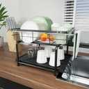 Sink Dish Drying Rack - Rust Resistant Metal Dish Rack - Multifunctional Extendable Dish Drying Holder with Draining Mat - Drainer for Kitchen Sinks and Worktops with 4 Ways of Use