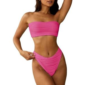ZAFUL Women Strapless Textured Bandeau Bikini 2 Piece Swimwear Cheeky Solid Lace up Bathing Suits, Size M