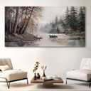 HGUAOA Mountain Canvas Wall Art Rustic Lake Landscape - Nature & Forest Scenery Paintings Pictures for Living Room & Bedroom Wall Decor Vintage Artwork for Walls (40L" x 20W")