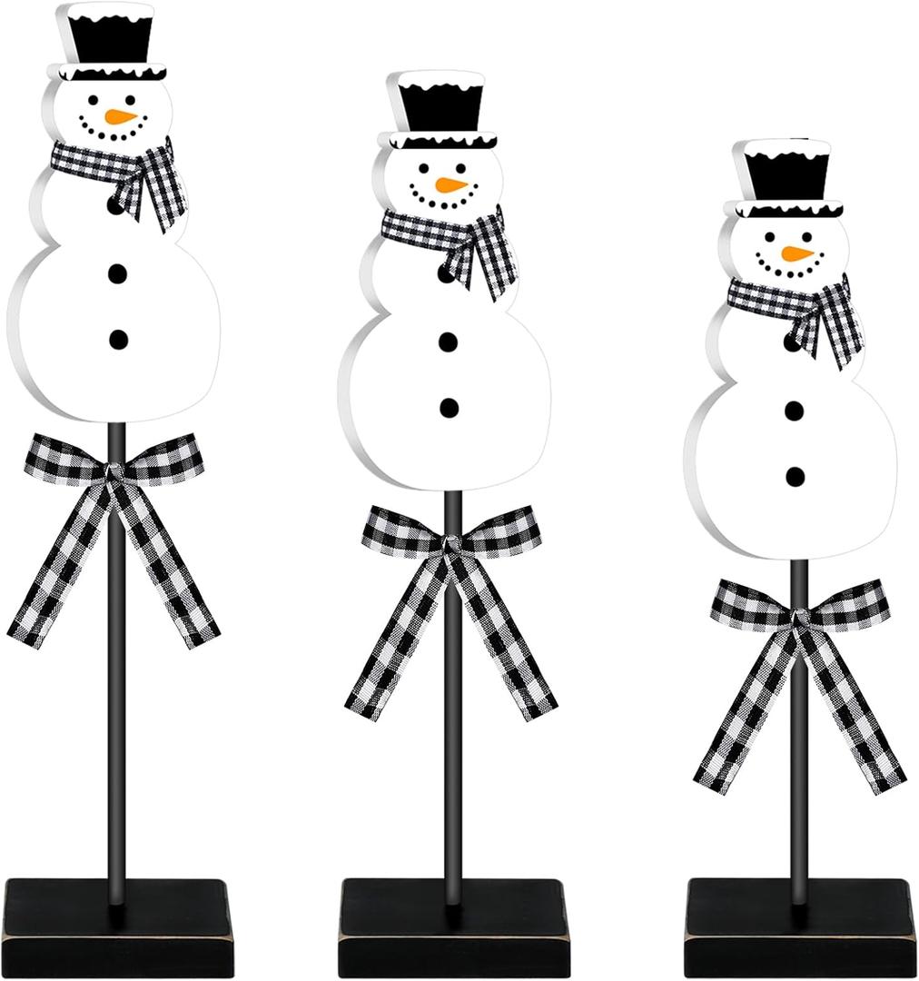 Geetery 3 Pcs Snowman Decor Winter Table Decorations Snowman Wooden Centerpieces for Tables Indoor Rustic Wooden Block Sign Tabletop Decoration for Home Kitchen Office(Classic)
