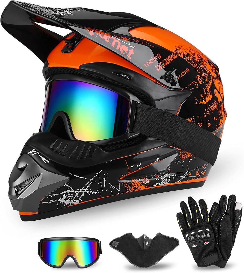 Full Face Dirt Bike Helmet DOT Certified - Complete Adult ATV Helmet Kit with Goggles, Gloves & Mask, Adjustable Visor, Quick Release, Orange, Medium