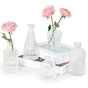 Glass Bud Vase Set of 5, Clear Small Flower Vases for Centerpieces in Bulk, Mini Vintage Vase for Rustic Wedding, Home,Table