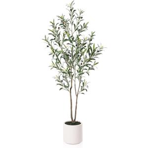 LOMANTO Artificial Olive Trees, 5 ft Tall Fake Olive Trees for Indoor, Faux Olive Silk Tree, Large Olive Plants with White Planter for Home Decor and Housewarming Gift, 1 Pack
