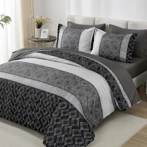 Dinjoy Queen Comforter Set Dark Gray Boho,Soft 7 Piece Bed in a Bag Queen Size Lightweight Black Bedding Sets Striped Comforters with Plaid Bed Set with Sheets for Men All Season