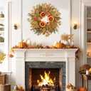 Fall Wreaths for Front Door 24 Inch Thanksgiving Autumn Wreath with Artificial Pumpkin Eucalyptus Sunflower Leaves Harvest Halloween Decorations Porch Farmhouse Outdoor Indoor Home Hanging Decor (Orange)