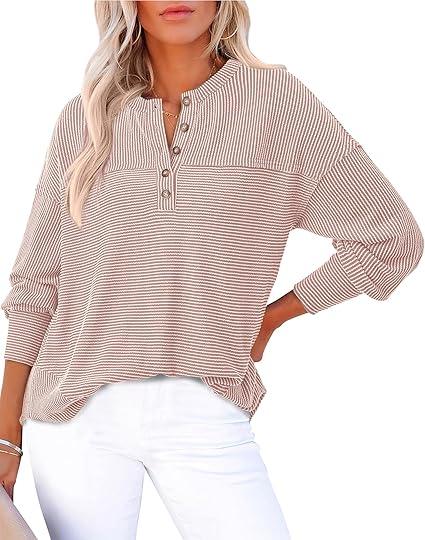 KIRUNDO Going Out Tops for Women Henley Shirts 2025 Casual Ribbed Knit Long Sleeve Tunic Summer Fall Button V Neck Blouse
Medium