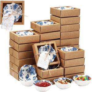 Teenyyou 80 Pack Small Ceramic Bowls Bulk Gifts Set Wedding Favors for Guests, 3.3 Inch Floral Mini Dipping Bowl Sauce Dish with Cards Box for Party Souvenir (Classic,Blue)