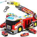 2025 Fire Truck Toys for Toddler Boys, Large 13.5-inch Fire Truck with Ladder & 6 Alloy Cars, Big Emergency Trucks with Lights, Sounds & Water Spray, Kids Toys for Boys 3 4 5 6 Years Old (Red)