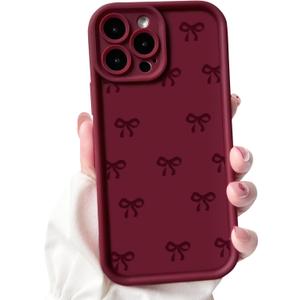 NITITOP Compatible with iPhone 15 Pro Case Cute Stylish Bow Knot Ribbon Design for Women Girls Artistic Bowknot Soft TPU Shockproof Protective Full Camera Protection Cover - Wine Red