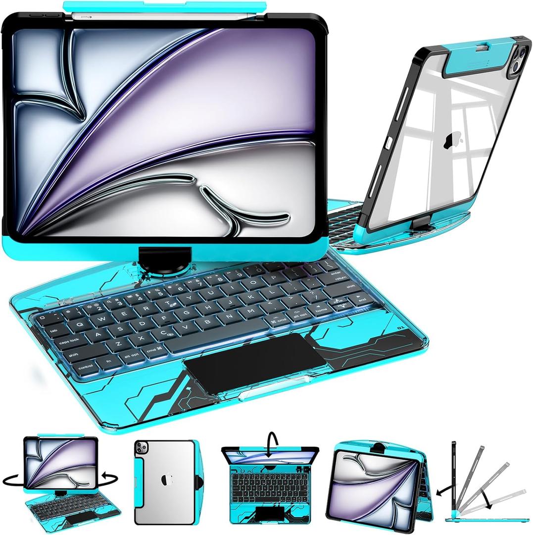 Ipad Keyboard Case,For 2022 Ipad 10Th Generation 10.9-Inch And11Th Generation 11-Inch (A16,2025) Transparent Keyboard Case Featuring Rgb Backlighting, 360 Rotating Trackpad, And Stylus Slot,Blue