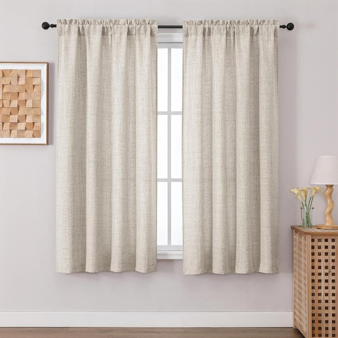 Chyhomenyc Curtains 63 Inch Length 2 Panels, Light Filtering Faux Linen Slub Textured Soft Airy Living Room Curtain, Elegant Rod Pocket Window Curtains for Bedroom, Each 42Wx63L, 2PCS, Linen Color