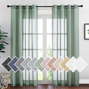 NICETOWN Linen Sheer Curtains Flax Textured for Living Room, Grommet Semi Sheer Vertical Drapes Privacy with Light Filter for Home Office/Farm House, W52 x L84, Olive Green, 1 Pair