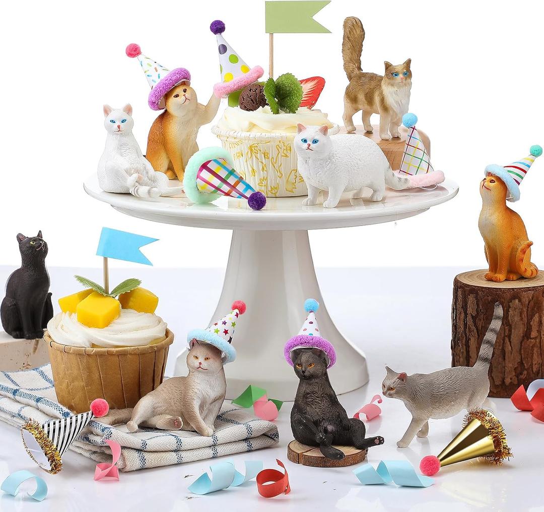 18 Pcs Cat Birthday Party Decorations Mini Birthday Hat Animal Figure Model Cake Toppers with Mini Hat for Birthday Party, Animals Themed Party
