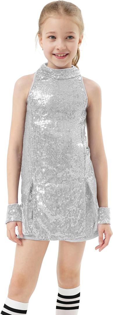 Girls Sequins Dance Outfit Dress Kids Sparkle Jazz Singer Star Costume Top Shorts 4PCS Set 3-14 Years (5-6 Years, Silver)