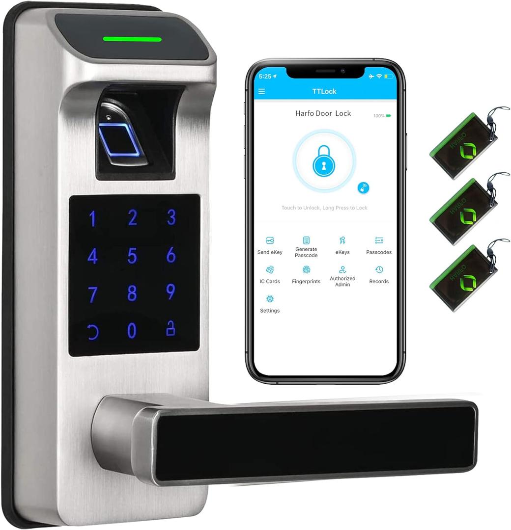 Harfo Fingerprint Door Lock, Heavy Duty Full APP Control Touchscreen Keypad Keyless Lock with Reversible Handle, Perfect for Home/Office/Bedroom Doors (Satin Nickel)