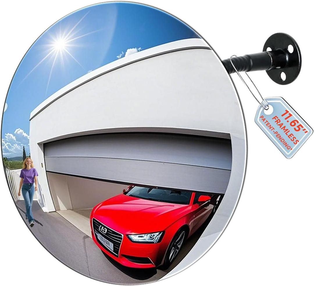 11.65 Inch Frameless 1.8mm Thick Acrylic Convex Mirror - Adjustable Wide Angle View Indoor Security Mirror for Garage Parking Warehouse Office and Corner Security Traffic