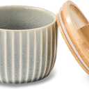 Salt Cellar Keeper with Bamboo Lid, 14oz Big Capacity Ceramic Sugar Bowls Pepper Box, Crackle Glaze Seasoning Container Condiment Pot for Kitchen (Grey Color) (Gray)