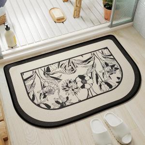 Half Circle Bath Mat, Thin Bathroom Rugs Fit Under Door Quick Dry Non Slip Washable Bathroom Mat with Rubber Backing, Absorbent Half Round Shower Rug (16" X 24, C- Flower Black)