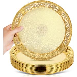 10 Pack Gold Plastic Serving Tray Bulk Lightweight Round Party Snack Serving Tray Reusable Decorative Food Appetizer Platter for Coffee Tea Dessert Fruit Wedding Party Buffet(10.6 Inch)