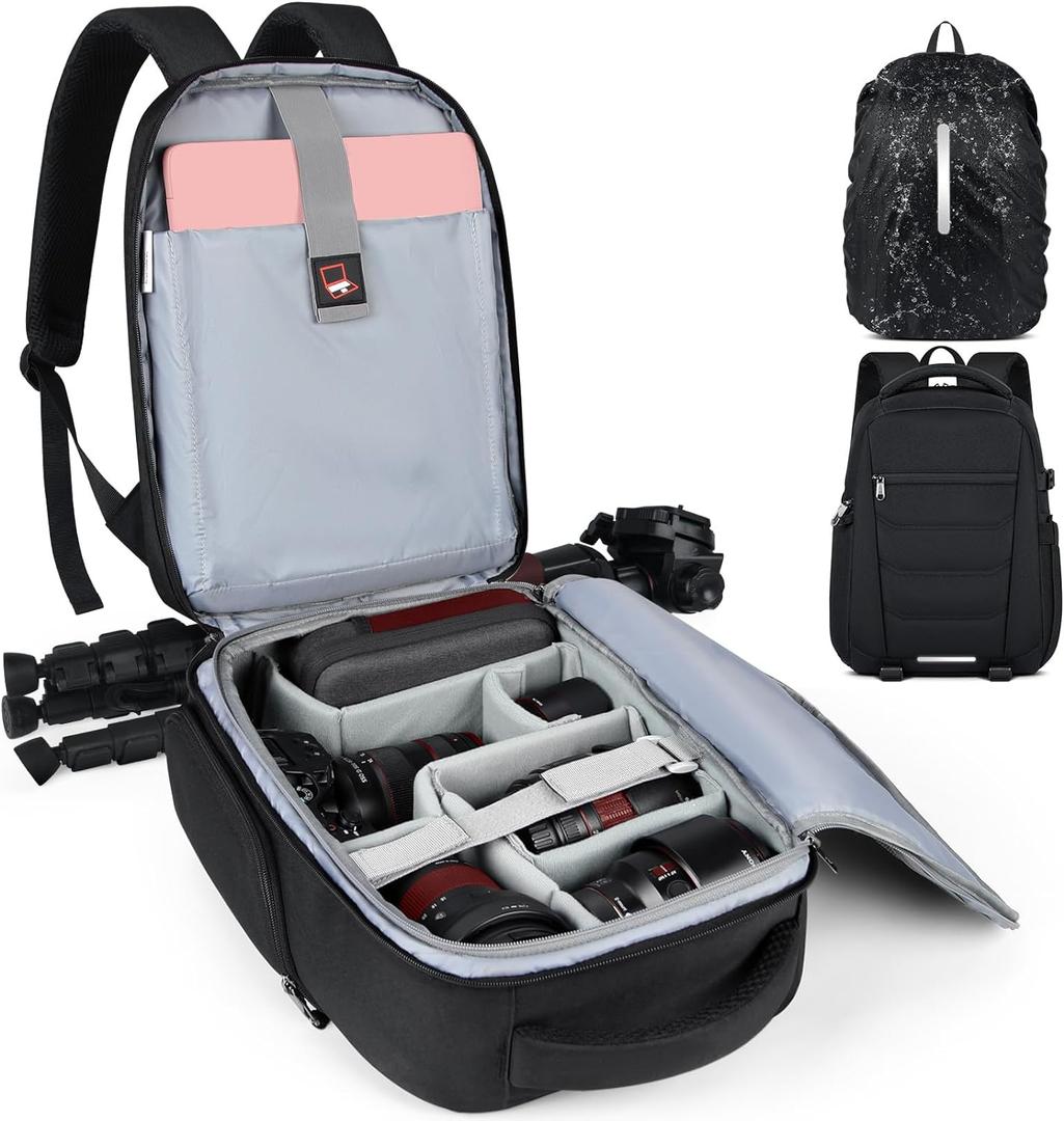 SDYSM Camera Bag Backpack Professional for DSLR SLR Mirrorless Camera Waterproof Laptop Back Pack 14 Inch with Rain Cover Anti Theft Travel Case Large Capacity Photography Backpack Black (Medium)