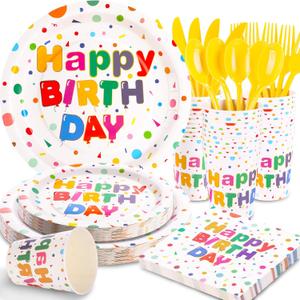 176PCS Happy Birthday Party Supplies, Happy Birthday Plates Serves 25, Includes Birthday Plates and Napkins, Cups,Yellow Cutlery and Happy Birthday Banner for Happy Birthday Party Decorations, 9inch