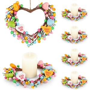 2 x Valentine Candle Rings, 6 Pcs Conversation Heart Decor for Pillar Candles, Pink Felt Mini Wreath with Love Messages for Table, Cabinet, Candy Heart Centerpiece, Wedding & Home Decor