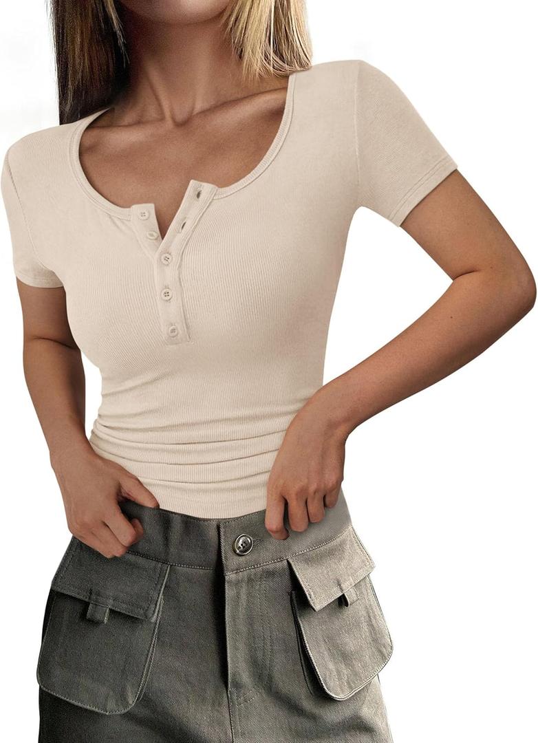 PRETTYGARDEN Womens 2026 Summer Short Sleeve Tops Ribbed Henley Button Slim Fit Basic Casual T Shirts Blouse Fashion Clothing (Beige, M)