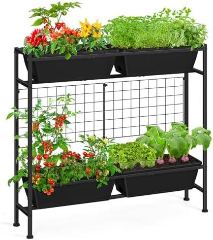 OYEAL Raised Garden Bed 32" Tall Elevated Planter Boxes with Trellis & Legs, Vertical Herb Garden Planter Outdoor for Gardening, Vegetables, Flowers, Herbs, Backyard, Black