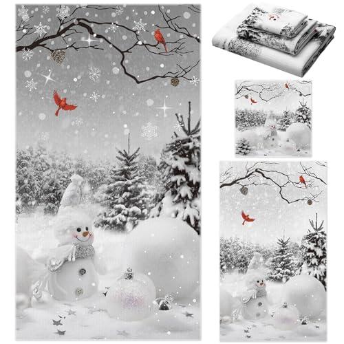 Preboun 3 Pack Christmas Snowman Bathroom Towels Set Grey Winter Forest Hand Towels Snowflakes Bath Towels Cardinal Dish Towels Christmas Washcloth for Bathroom Kitchen Hotel Beach Gym Spa