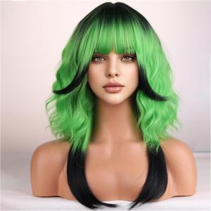 Green Black Ombre Wig Short Curly Wavy Wig With Bangs Hair Tail Dye Black Wig for Women Girls Heat Resistant Synthetic Hair Wigs for Daily Use Cosplay Wig With Wig Cap